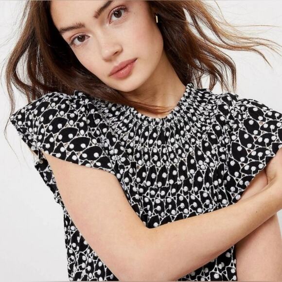 Loft Dress Black White Eyelet Embroidered Smocked Yoke Ruffle Sleeve Size LP NEW - Picture 14 of 14